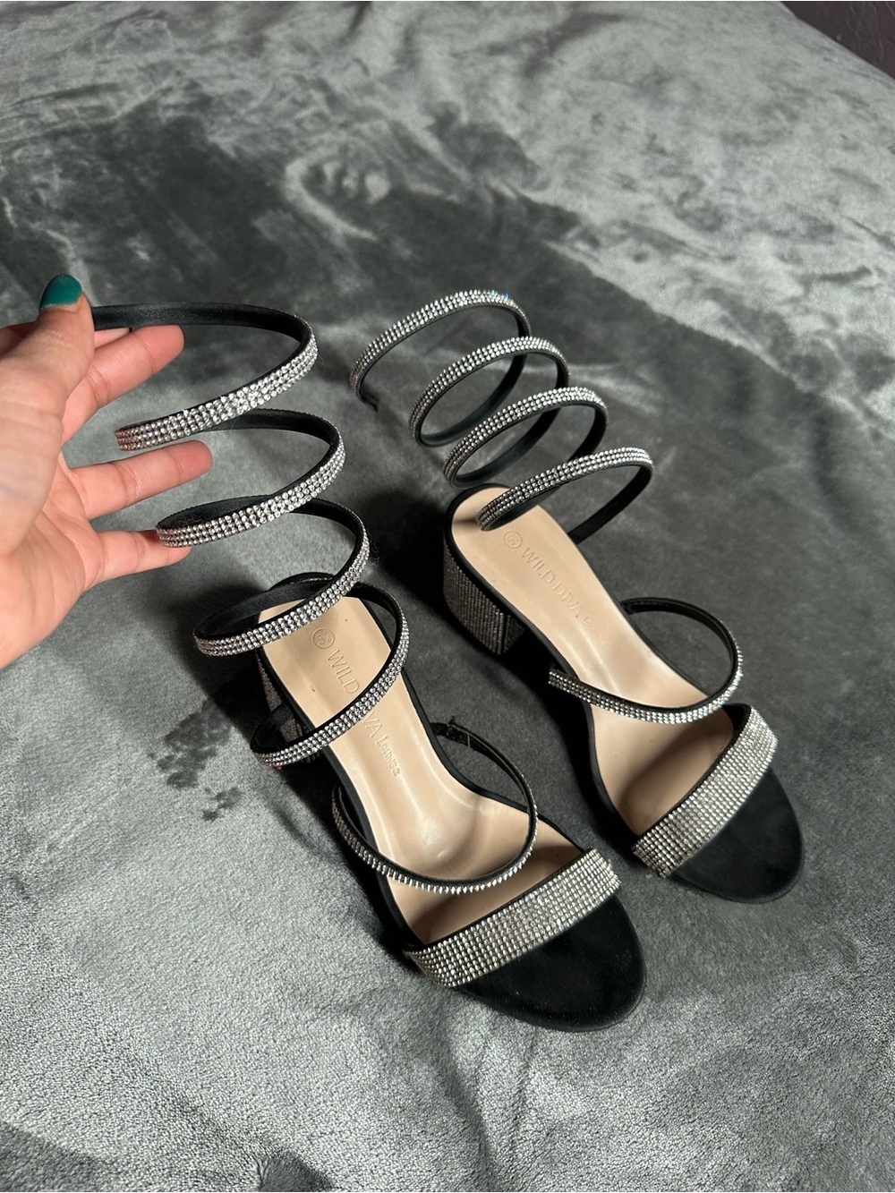 Othr Black Rhinestone Spiral Strap Block Heel Sandals